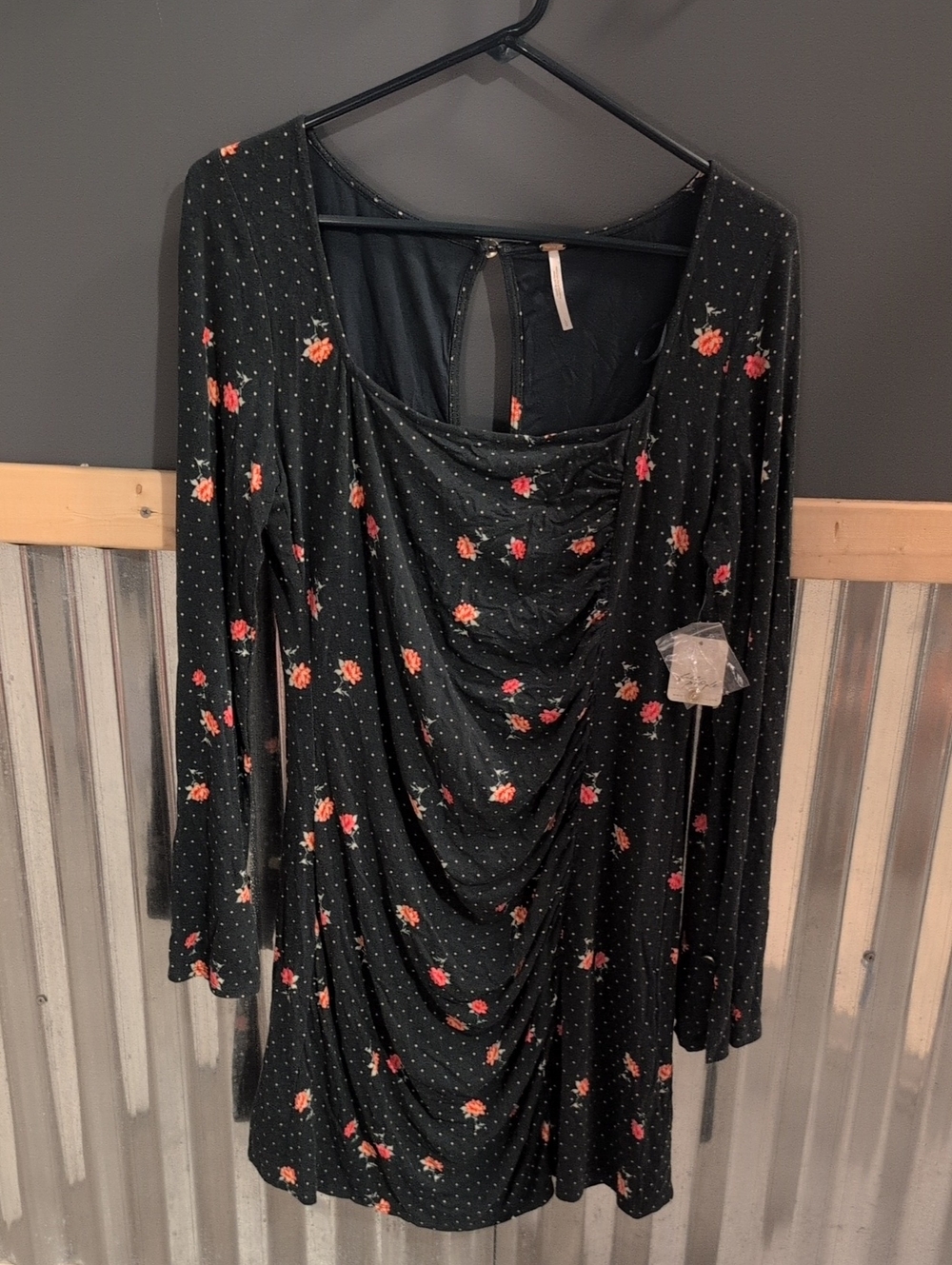 Free People Black Long-Sleeve Floral Ruched Mini Dress